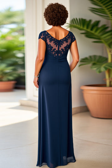 Navy Sheath Scoop Neck Ruffle Long Mother of the Bride Dress with Lace